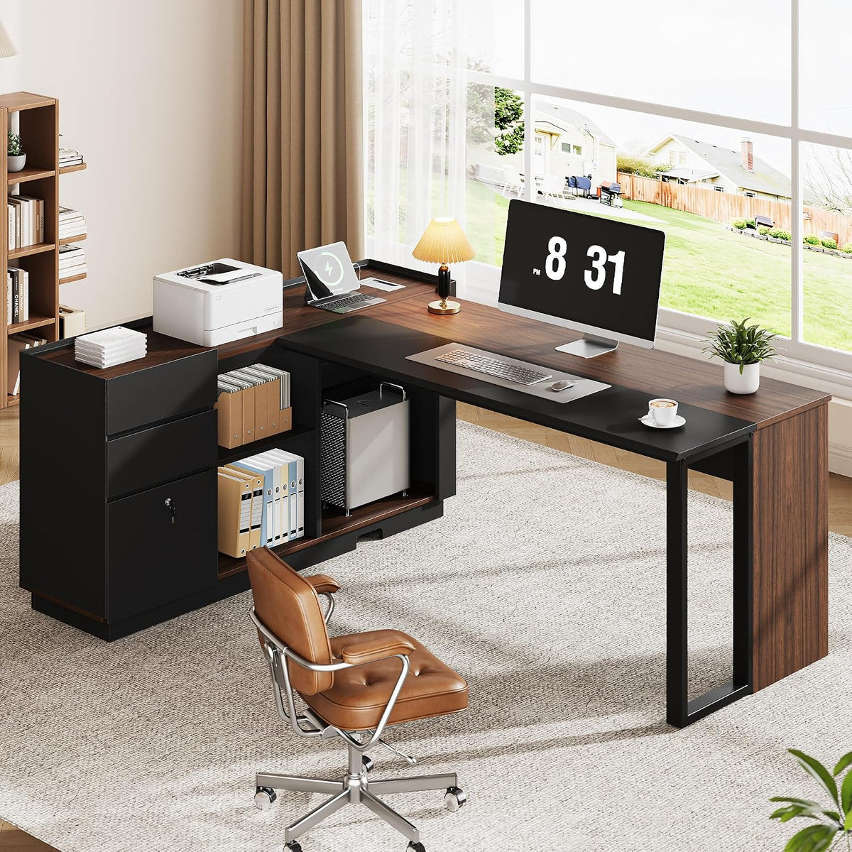 70" Executive Desk with Cabinet Storage, L-Shaped Office Desk with 3 Dra...