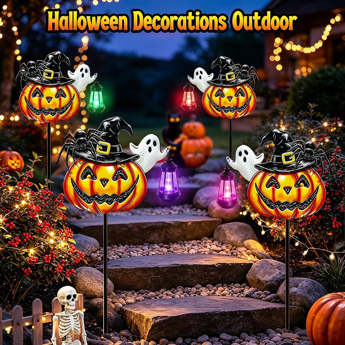 Halloween Decorations Outdoor Metal Solar Pumpkin Lights with Solar Lantern