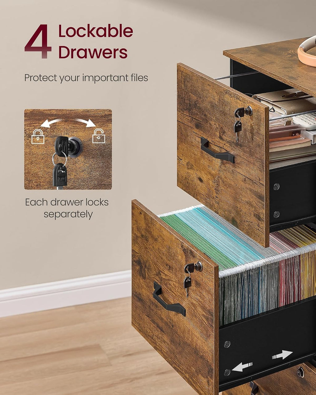 vasagle 4 drawer file cabinet with locks, for, side view