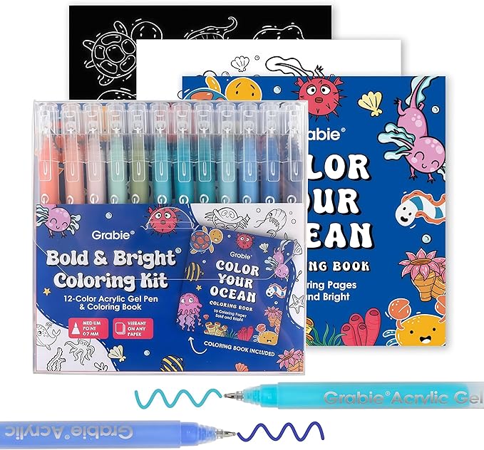Grabie 12Colors Acrylic Gel Pens&Coloring Book, Medium Point Colored Gel Pens by Grabie