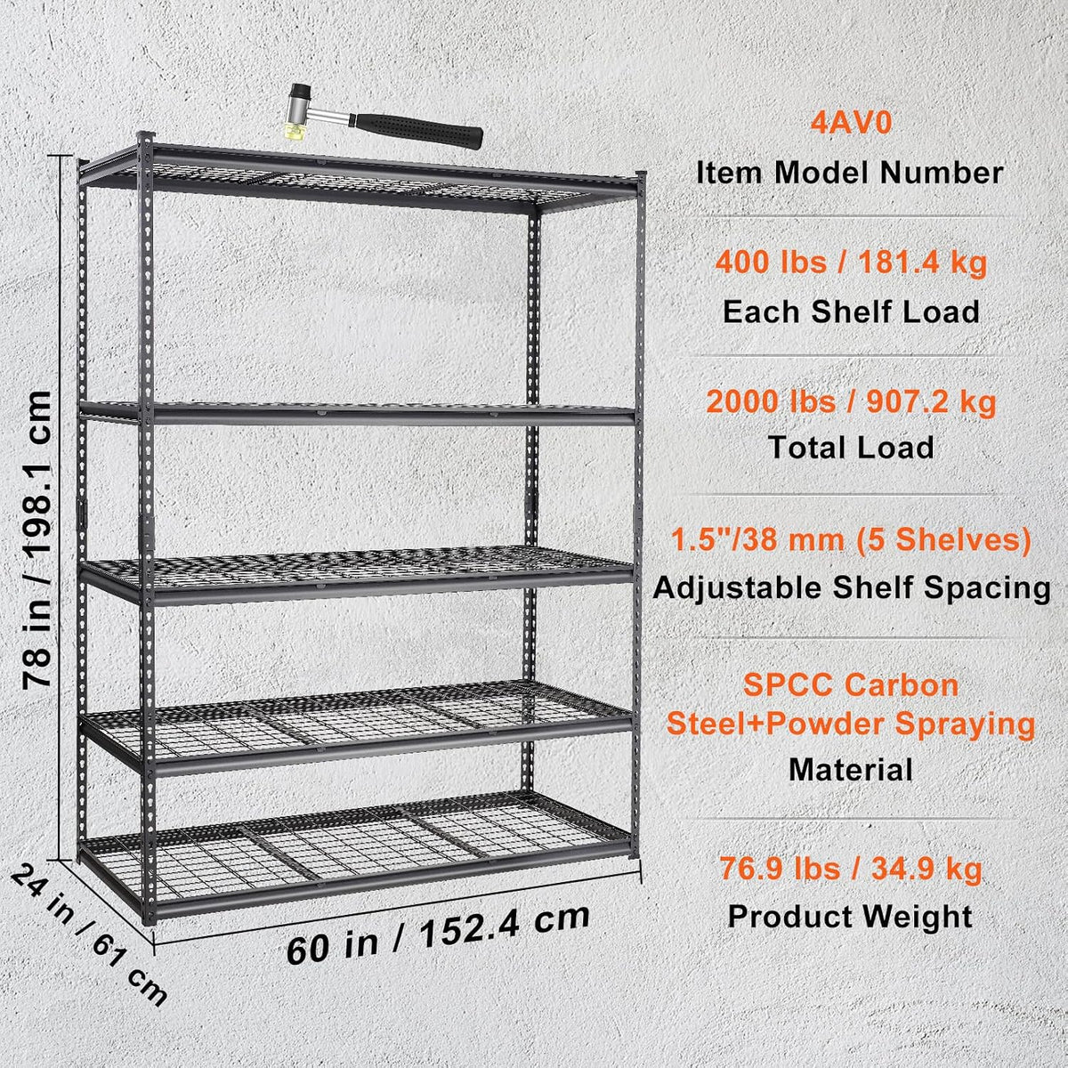 vevor storage shelving unit 5-tier adjustable 2000 lbs, front angle view