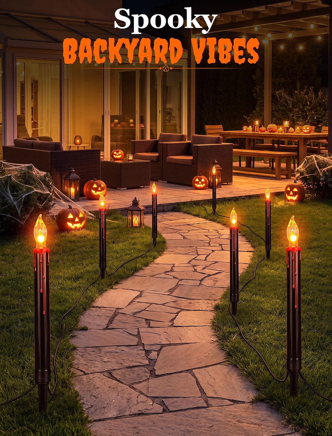 19.5Ft Halloween Candle Pathway Lights, 10-Light Black Blood Drip Stakes