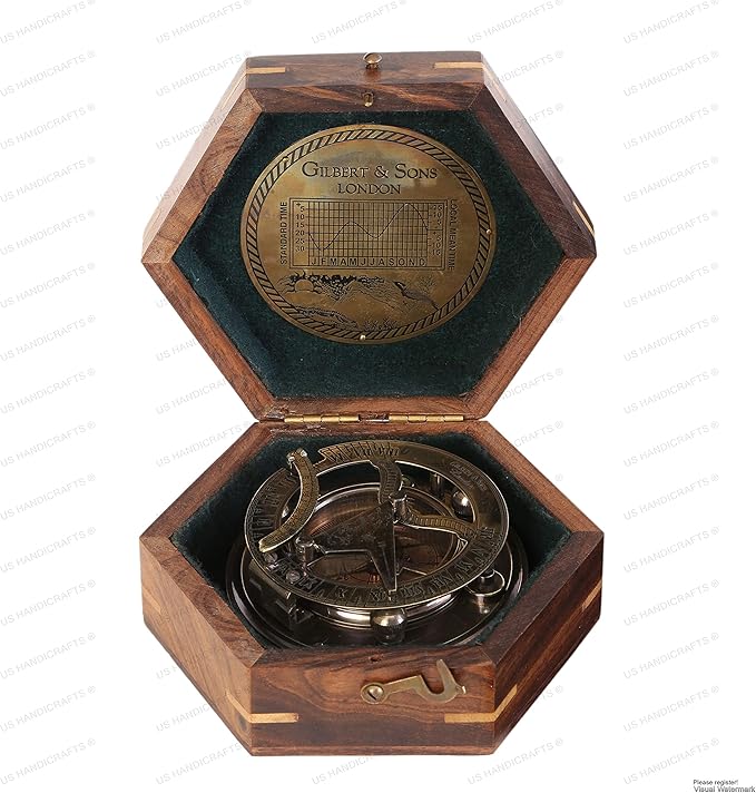US HANDICRAFTS Vintage Brass Sundial Compass – Engraved Navigation Instrument - Image 2