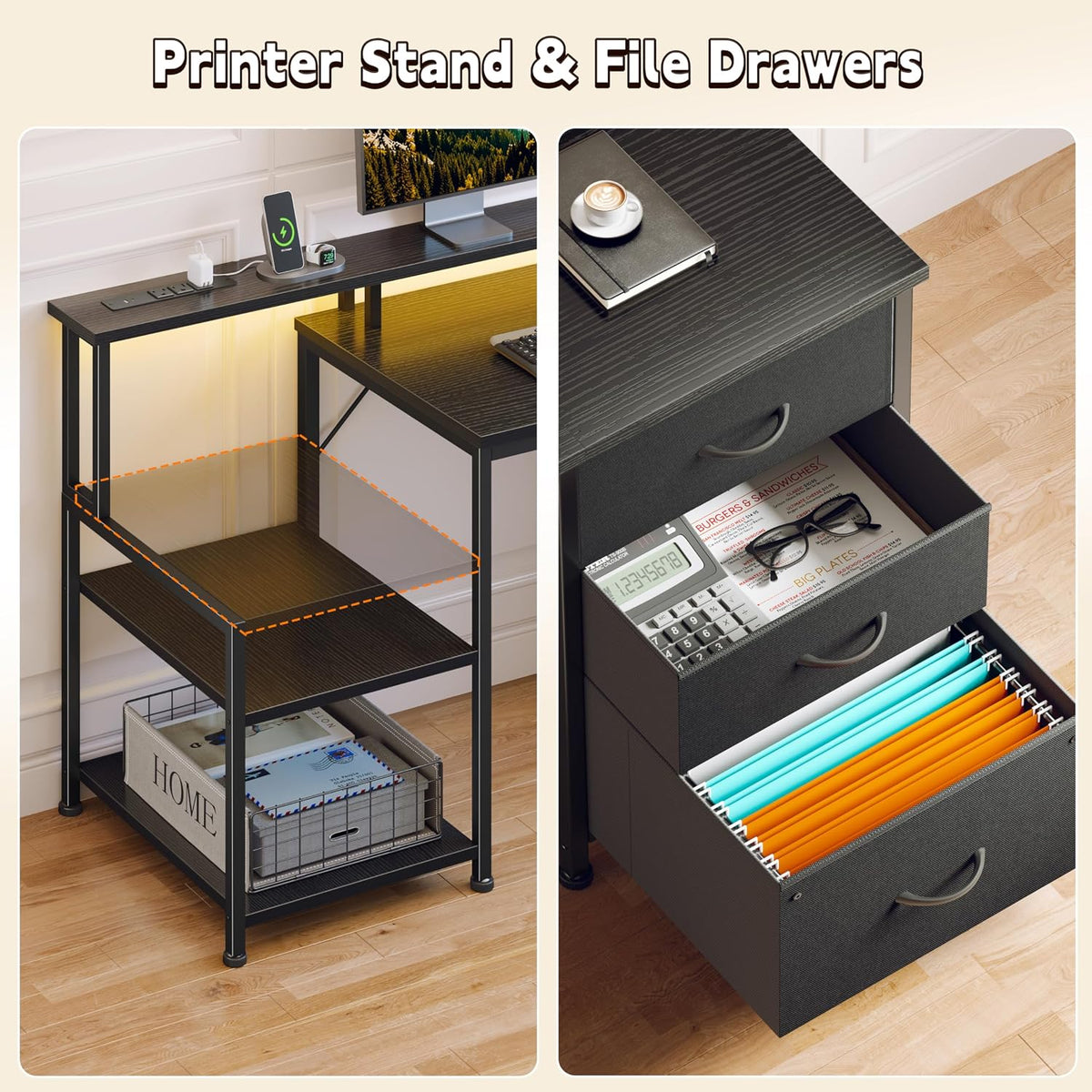 Korfile 55" Computer Desk with File Drawer, Printer Space, Dark Black