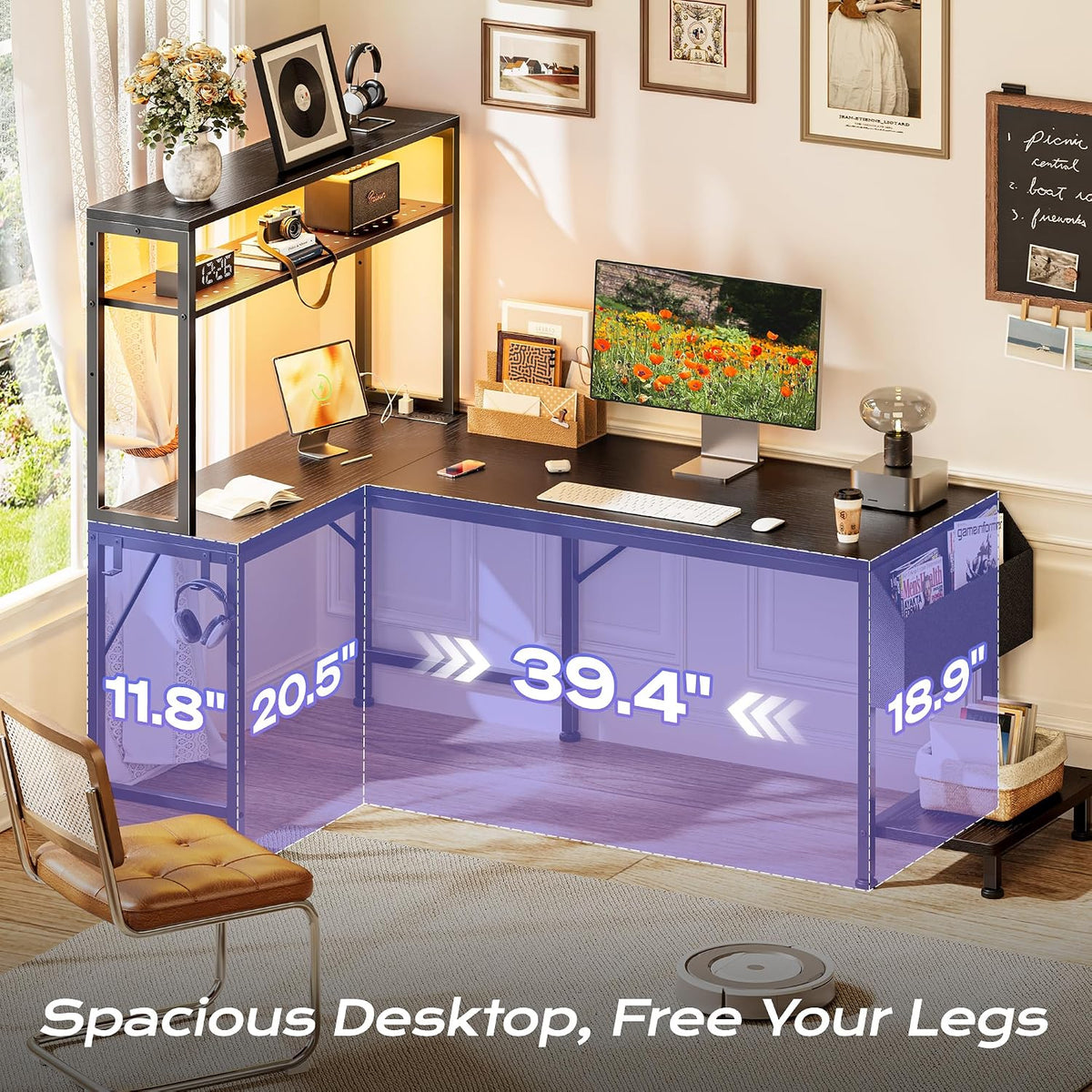 PRAISUN L Shaped Gaming Desk with LED Lights & Power Outlets