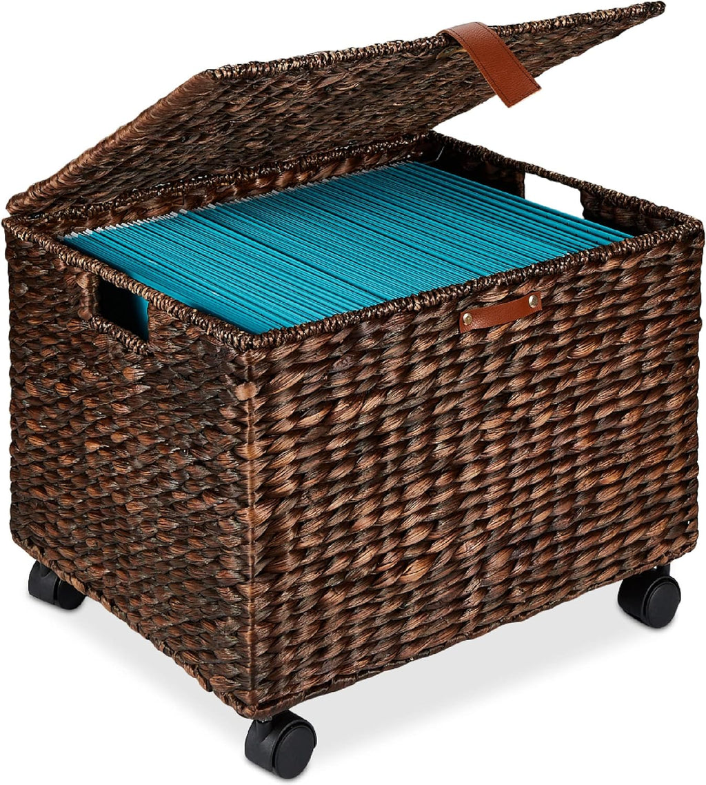 Best Choice Products Handwoven Water Hyacinth Rolling Filing Cabinet, Mobile File Organizer for Hanging Folders W/Lid and Locking Wheels For Home or Office – Brown