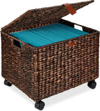 Best Choice Products Handwoven Water Hyacinth Rolling Filing Cabinet, Mobile File Organizer for Hanging Folders W/Lid and Locking Wheels For Home or Office – Brown