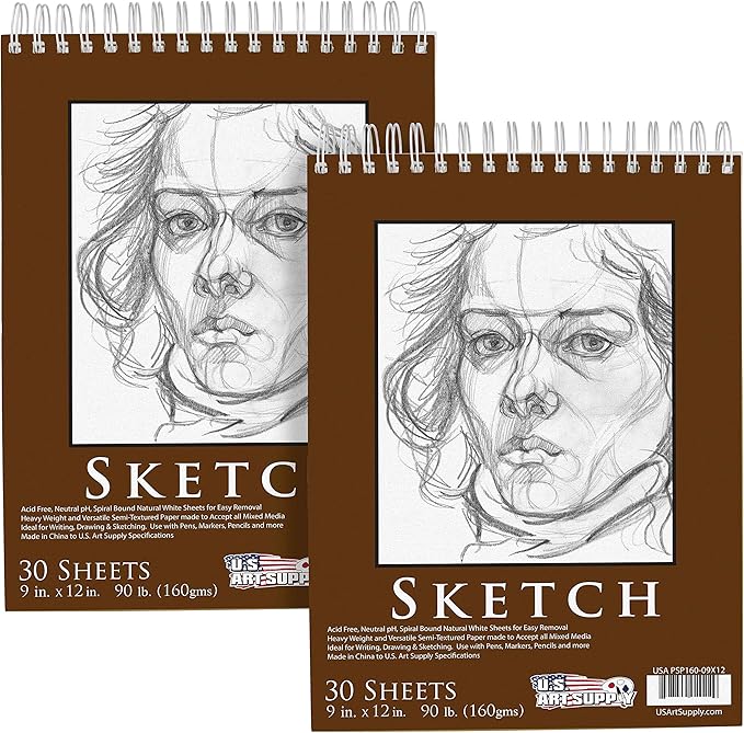 U.S. Art Supply 9”x12 Premium Heavy-Weight Paper Spiral Bound Sketch Book: 90 by USArtSupply