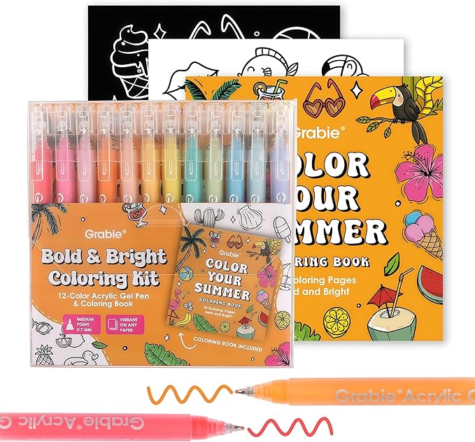 Grabie 12Colors Acrylic Gel Pens&Coloring Book, Medium Point Colored Gel Pens by Grabie