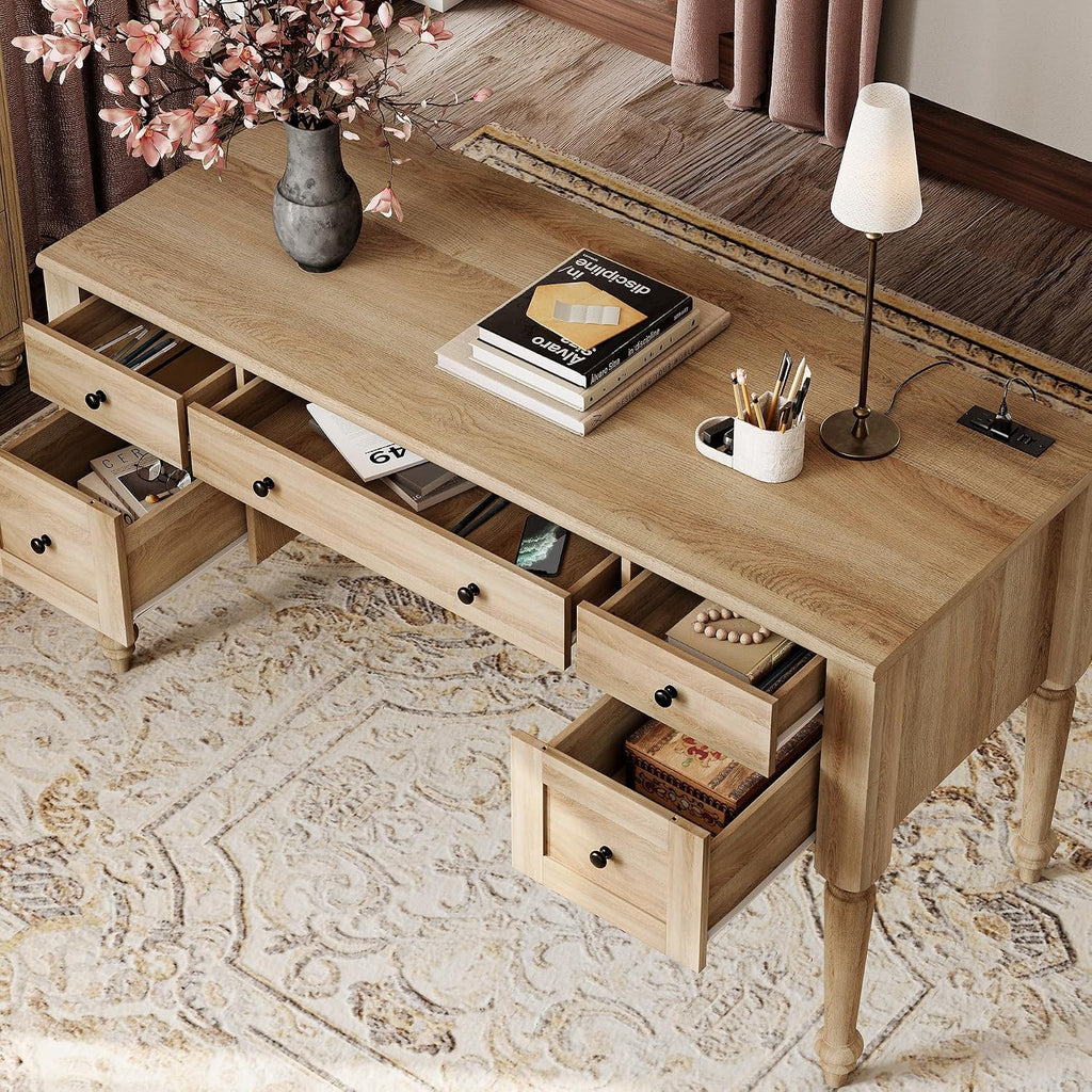 WAMPAT Home Office Furniture Set, 56'' Executive Desk with Charging Station, 2-in-1 Cabinet with Glass Doors, Wood Computer Desk with File Cabinet Storage, Open Shelf, Oak