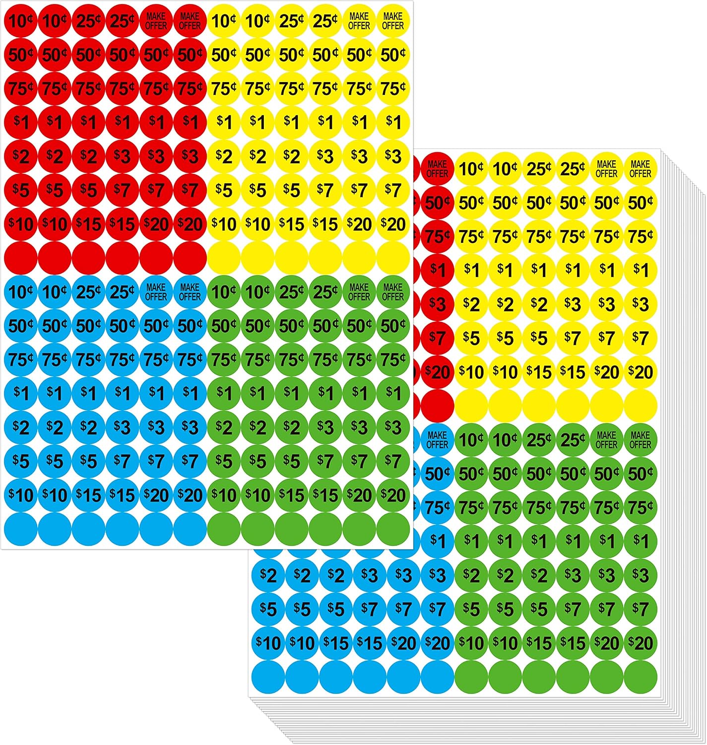 3840 PCs Garage Sale Flea Market Prepriced Pricing Stickers in Bright Colors (Yellow/Red/Green/Cyan), 3/4"in Diameter