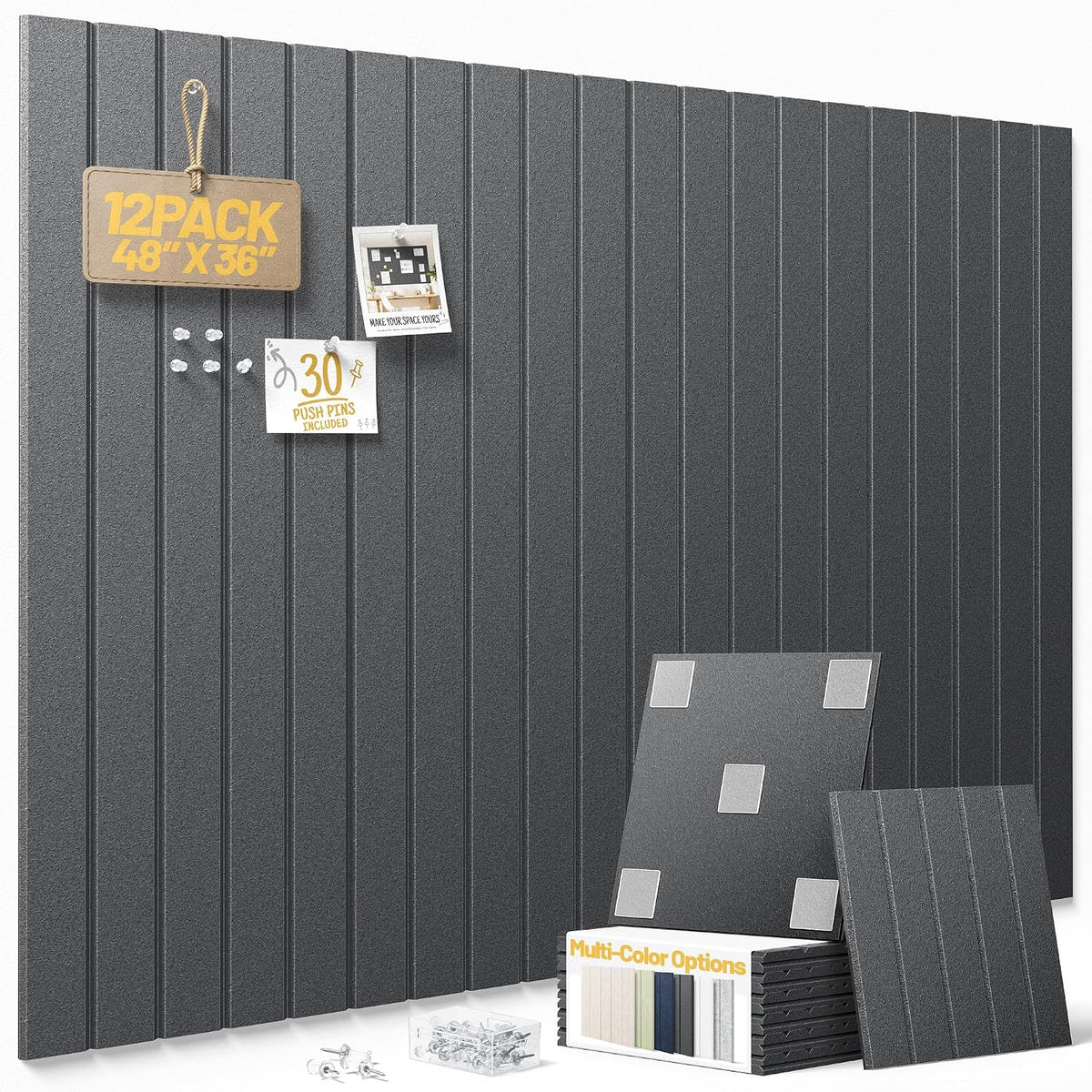 Large Cork Board for Walls Bold-Stripe Bulletin Board with 60 Adhesive Tabs