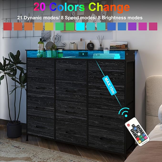 Welfuturer Black Dresser with LED Light 12 Drawers Dresser with Charging - Image 3