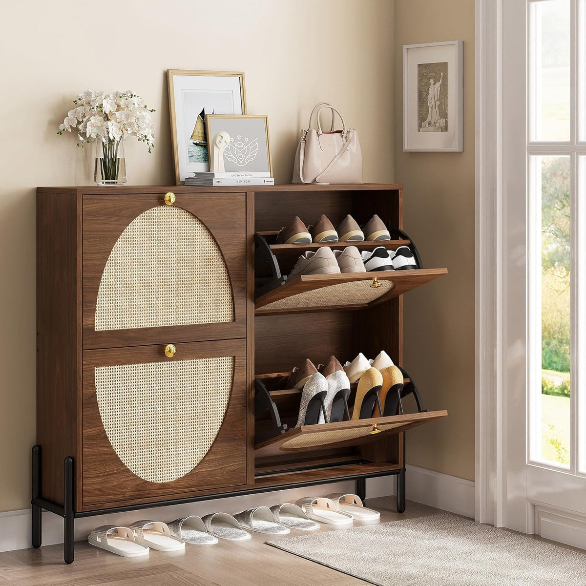 IRONCK Rattan Shoe Cabinet Storage with 4 Flip Drawers, Walnut