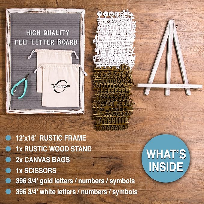 Felt Board With Rustic Vintage Frame and Stand 12x16 Inch, Numbers and Symbols - Image 2