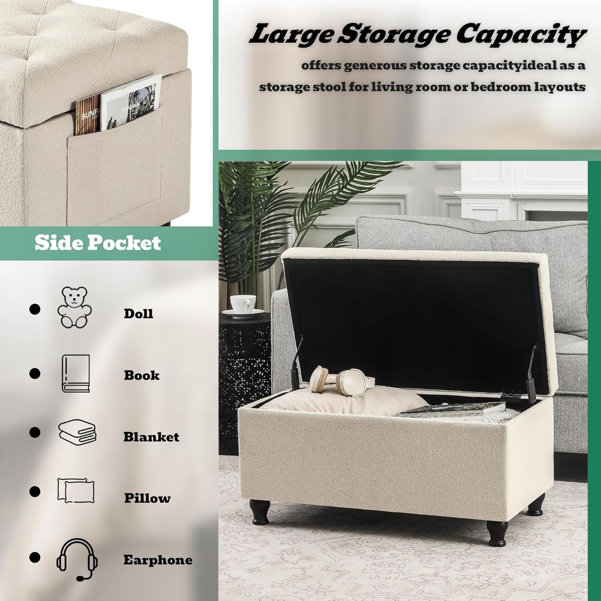 32'' Beige Fabric Upholstered Ottoman Storage Bench