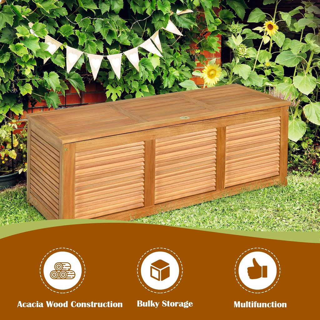 happygrill 46 gallon acacia wood deck box, outdoor showing dimensions