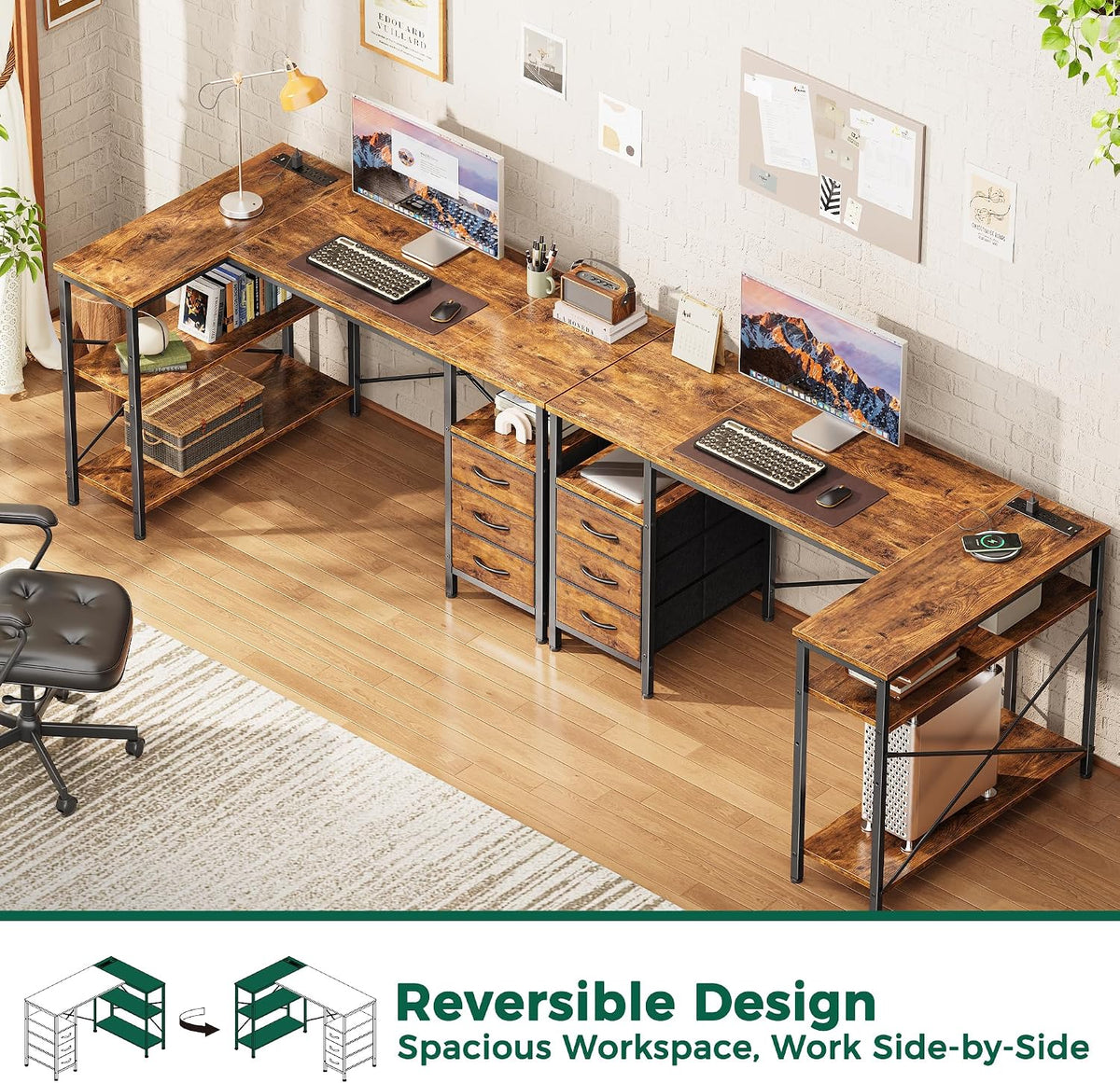 Huuger L Shaped Office Desk with Power Outlets & 3 Drawers