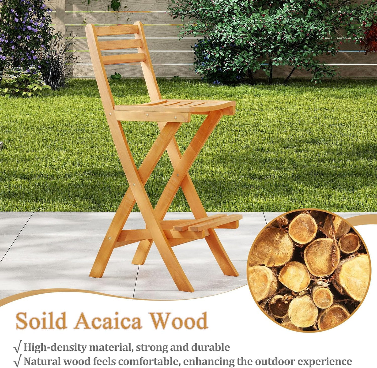 COSTWAY Outdoor Acacia Wood Folding Bar Stool with Slatted Backrest