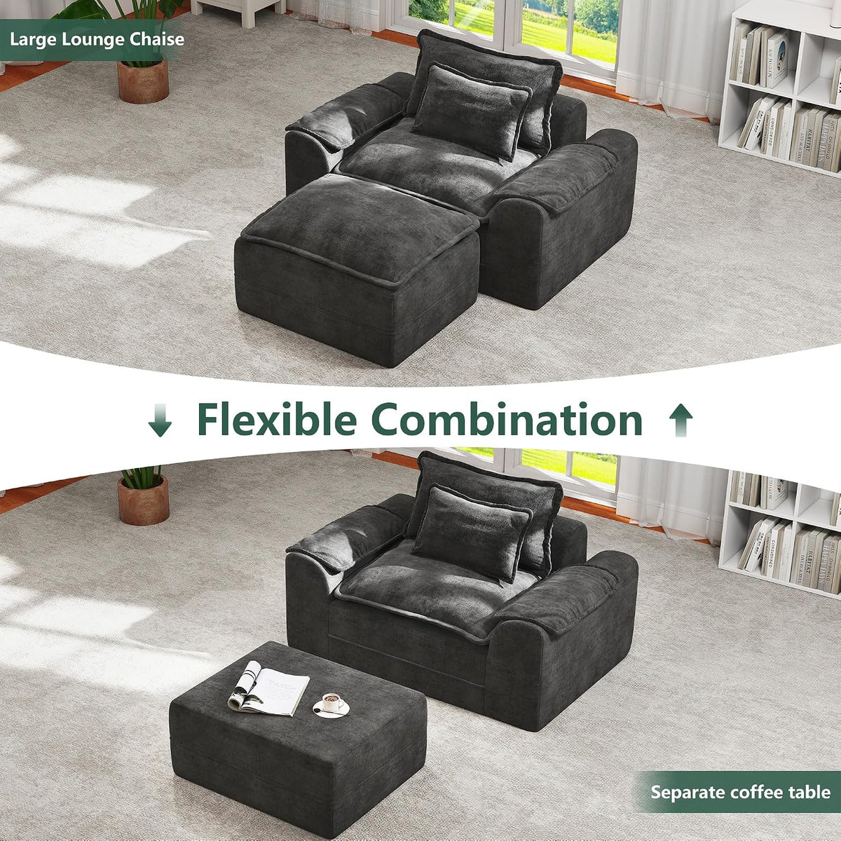 Hobestluk Cloud Memory Foam Ottoman Boneless Footrest for Couch Dark Grey