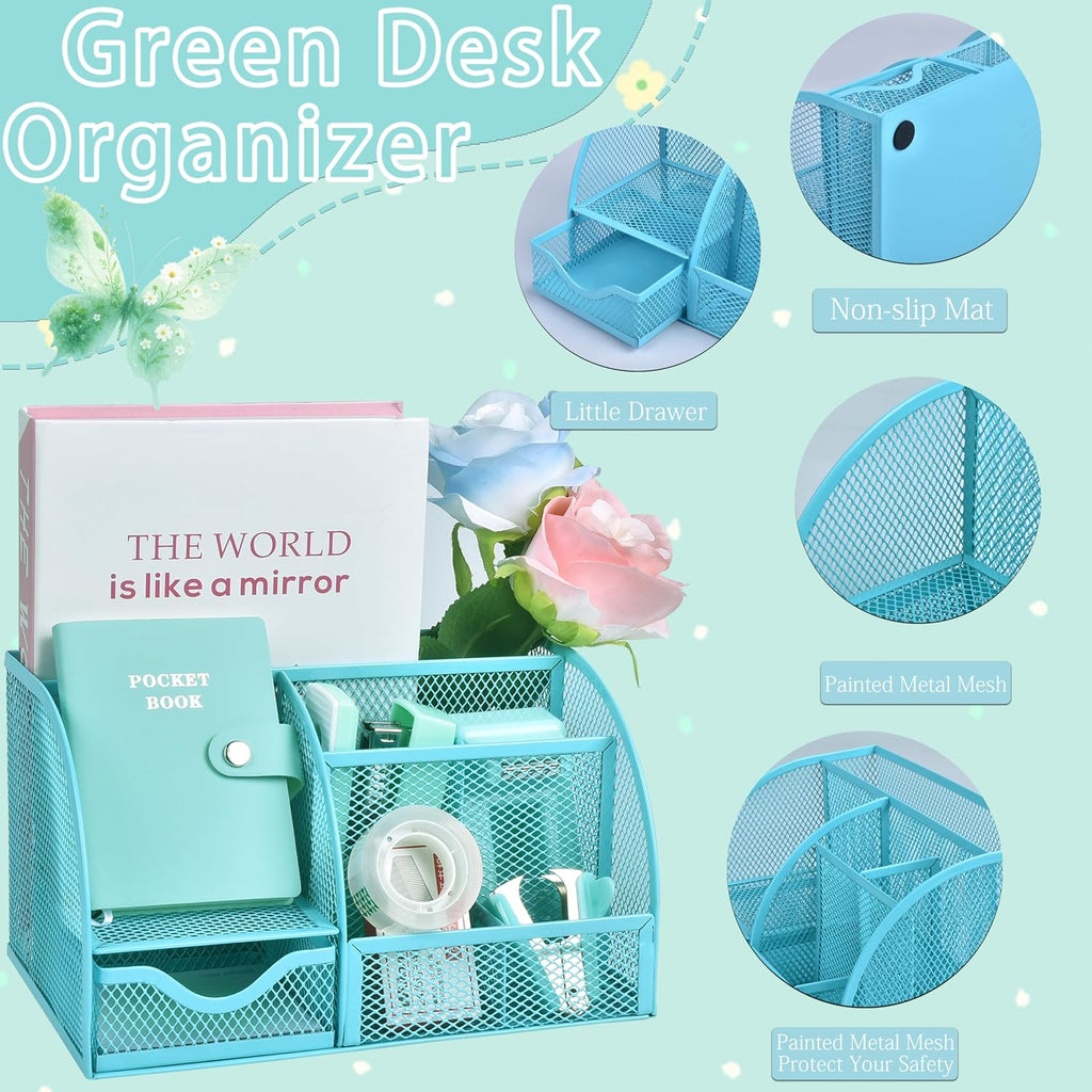Green and Blue Desk Accessories, 26Pcs Office Supplies and Desk Organizers, with Tape Dispenser, Stapler, Staple Remover, Ect, Gift Box Packaging