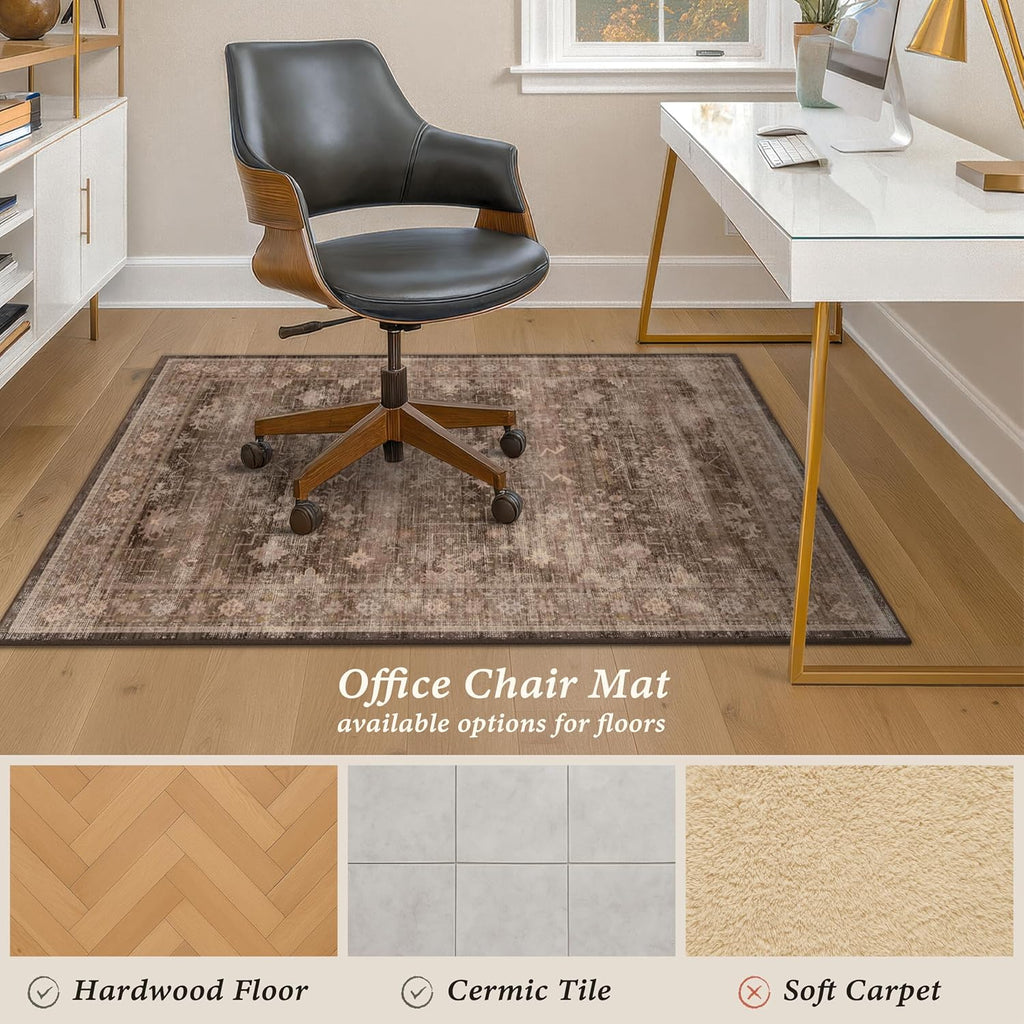 Office Chair Mat for Hardwood Floors, 60" x 72" Brown Boho Under Desk Rug, Ultra Soft Low Pile Floor Protector for Rolling Computer Chairs, Non Slip Easy Clean Desk Mat for Home Office
