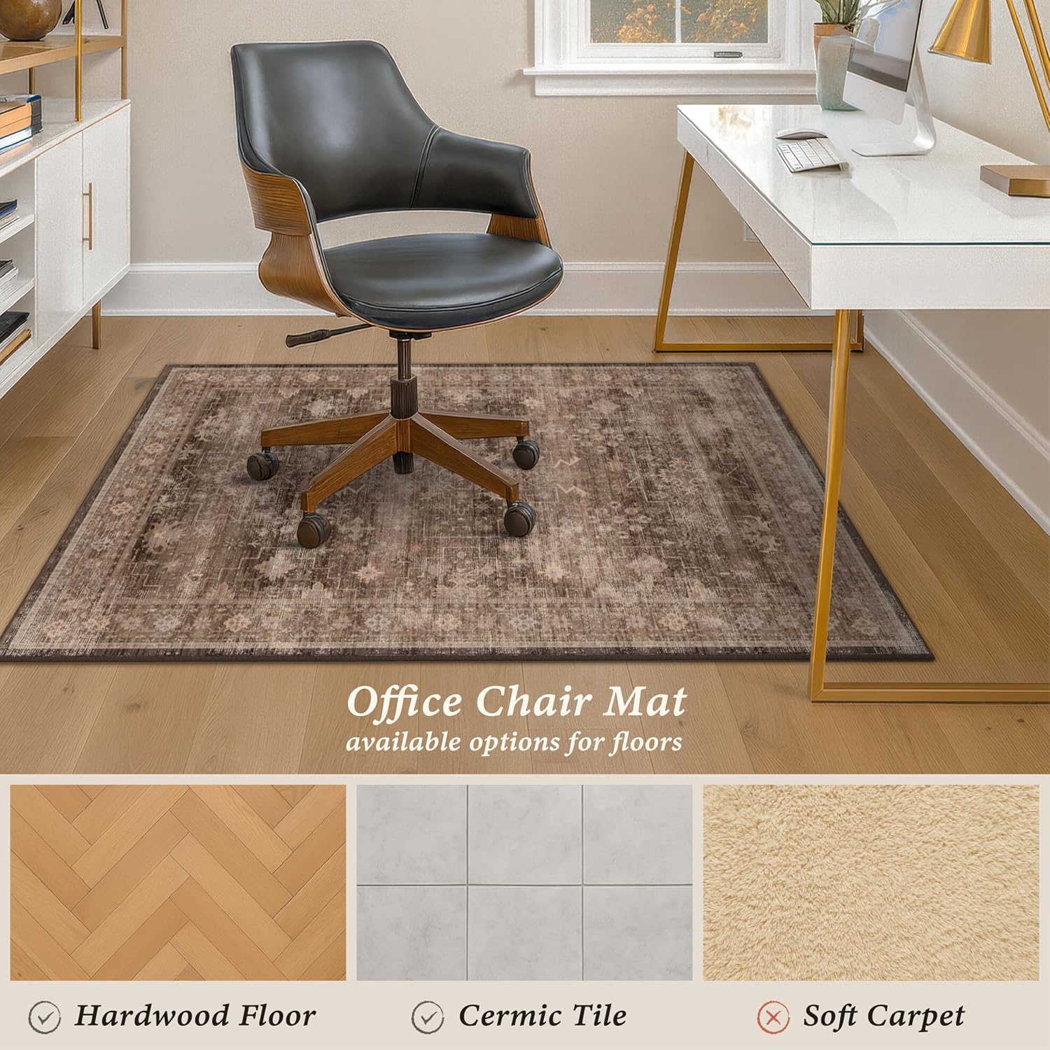 Office Chair Mat for Hardwood Floors, 60" x 72" Brown Boho Under Desk Rug, Ultra Soft Low Pile Floor Protector for Rolling Computer Chairs, Non Slip Easy Clean Desk Mat for Home Office