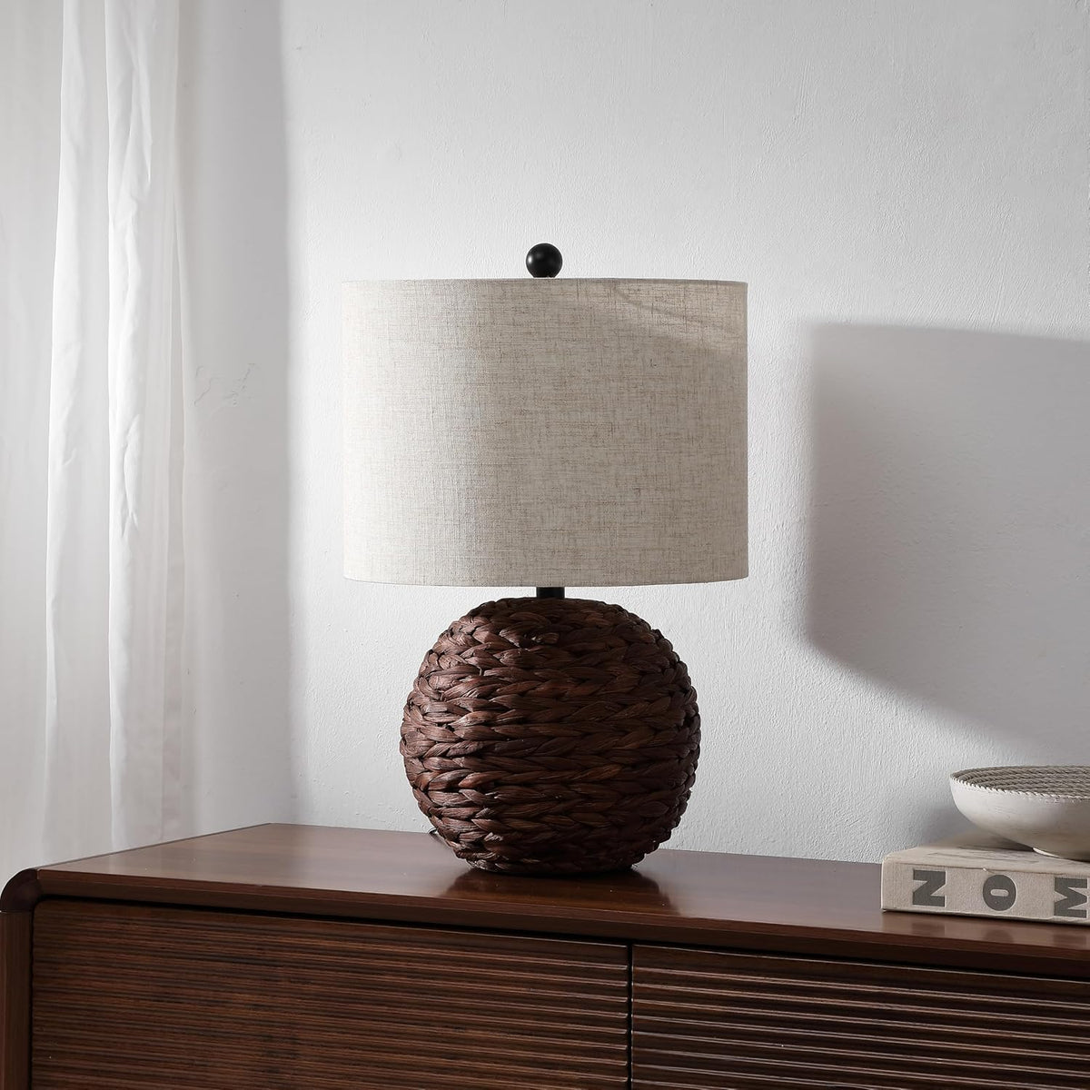 JONATHAN Y Camilo Coastal Woven Rattan Globe Table Lamp 21.5", Dark Brown