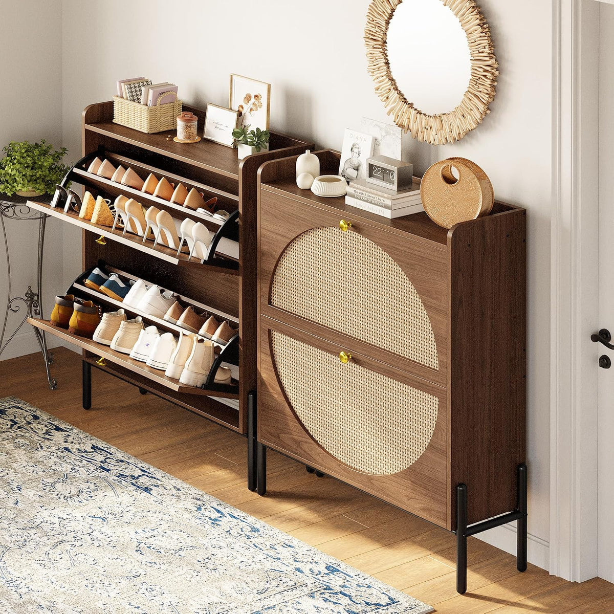 IRONCK Rattan Shoe Cabinet Storage with 2 Flip Drawers, Walnut