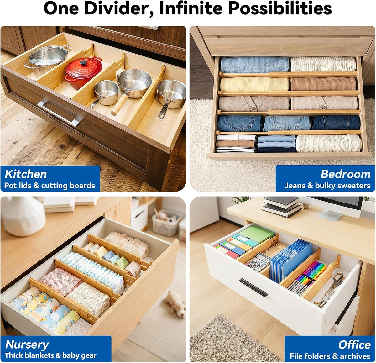 4 Pack 6" Deep Bamboo Drawer Dividers, 17-22" Expandable Kitchen Or...