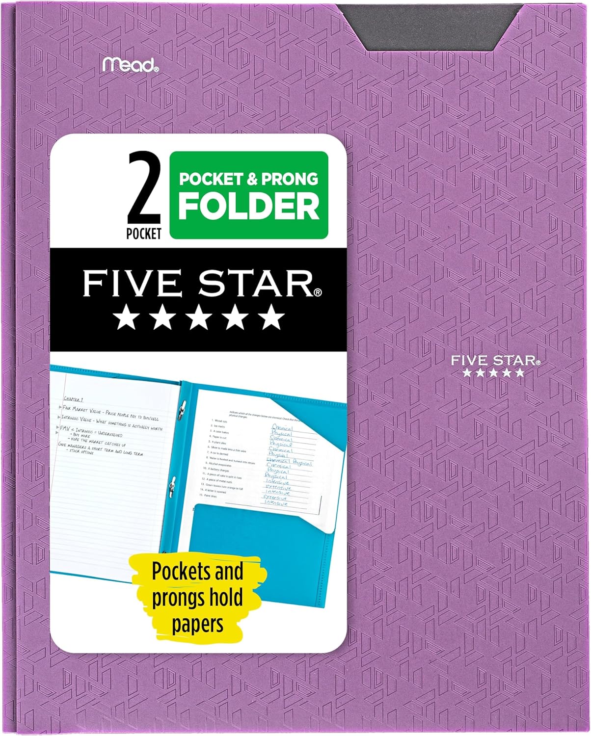 Five Star 2-Pocket Folder, Plastic Folder with Stay-Put Tabs and Prong Fasteners, Holds 8-1/2" x 11" Paper, Amethyst Purple (38750)