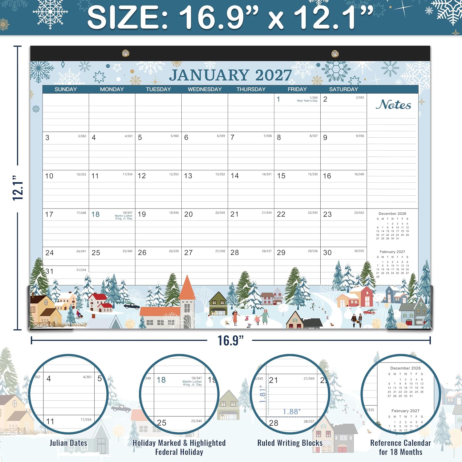 Desk Calendar 2027,18 Months Calendar from January 2027 to June 2028 | 17" x 12", Desk Calendars 2027-2028 with Large Ruled Blocks for Planning