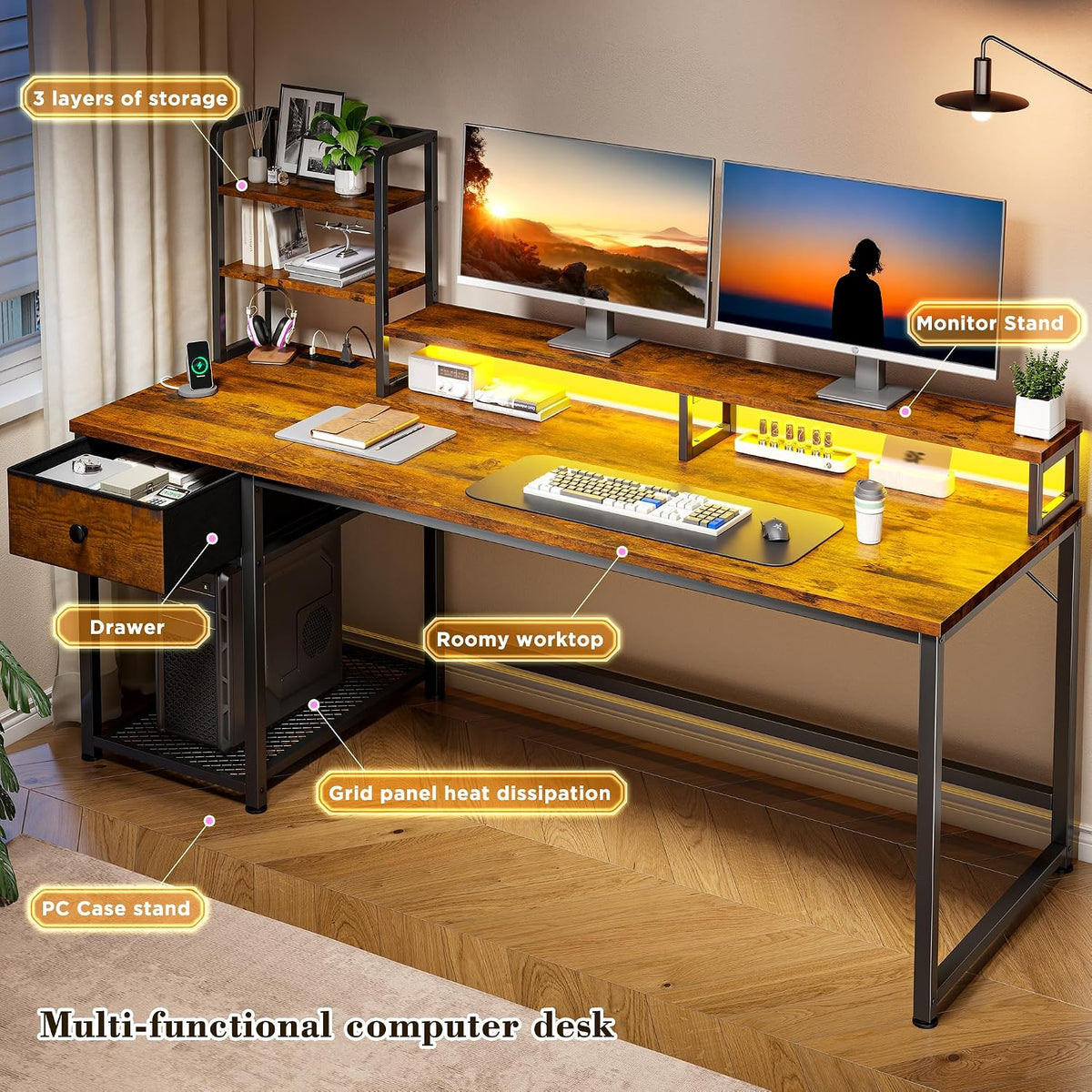 EnHomee 55" Reversible Computer Desk, Hutch, USB & LED, Rustic Brown
