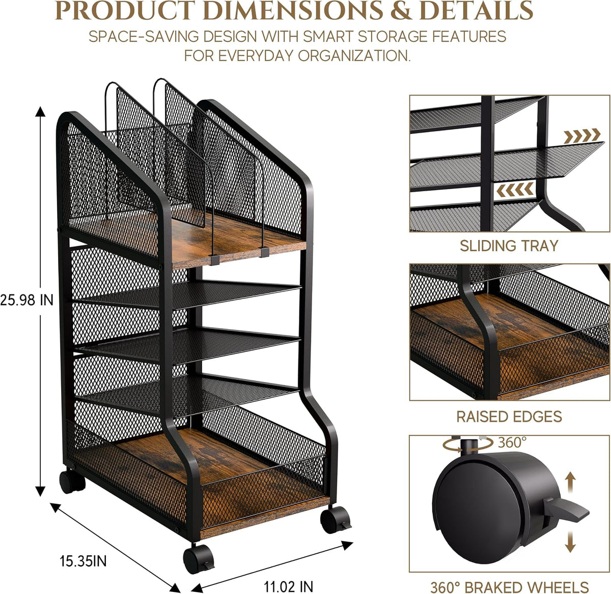 Rolling File Cart Under Desk Storage and Organizers 5-Tier Black