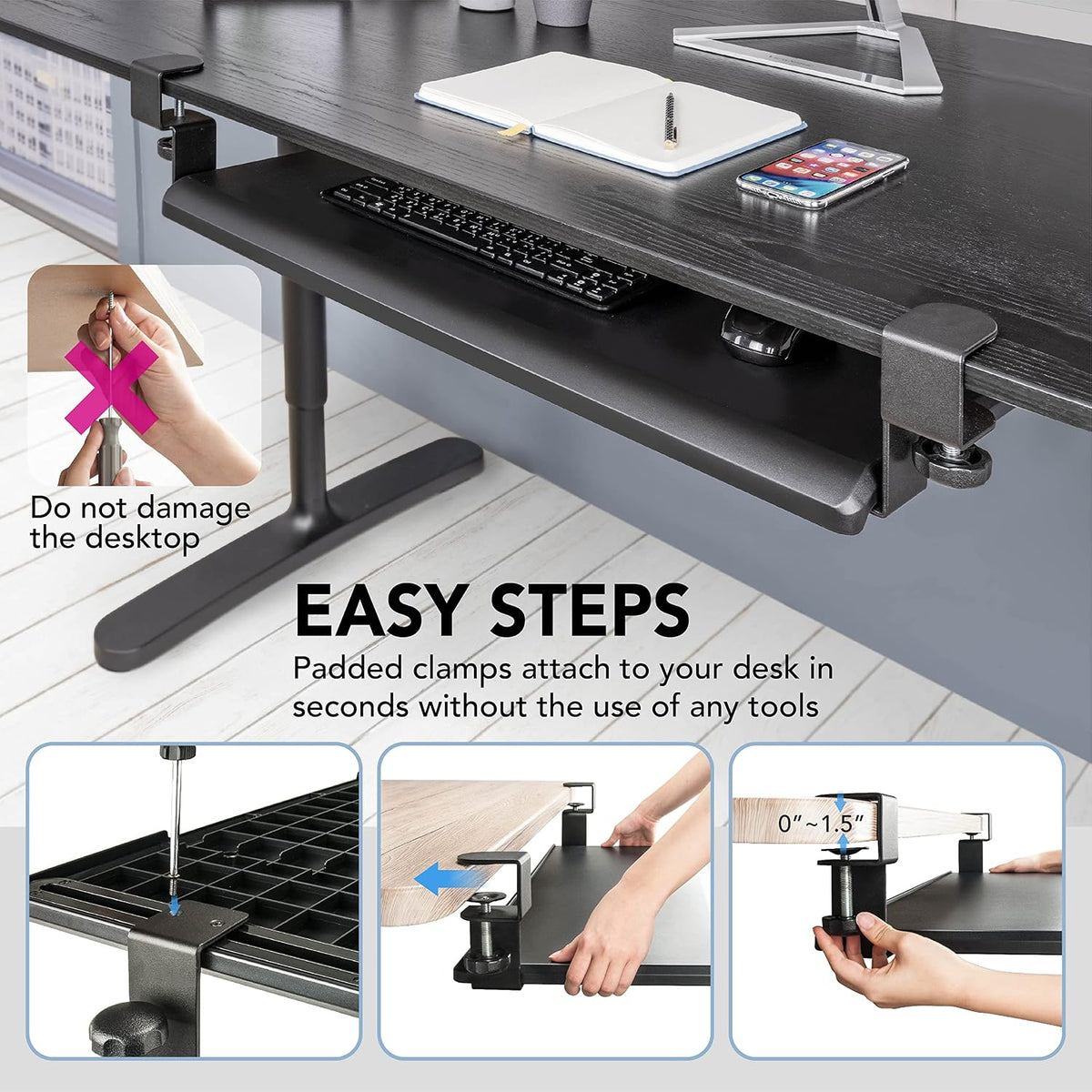 EHO Under Desk Keyboard Tray, Large 27.5" x 12.2" Slide-Out Clamp-O...