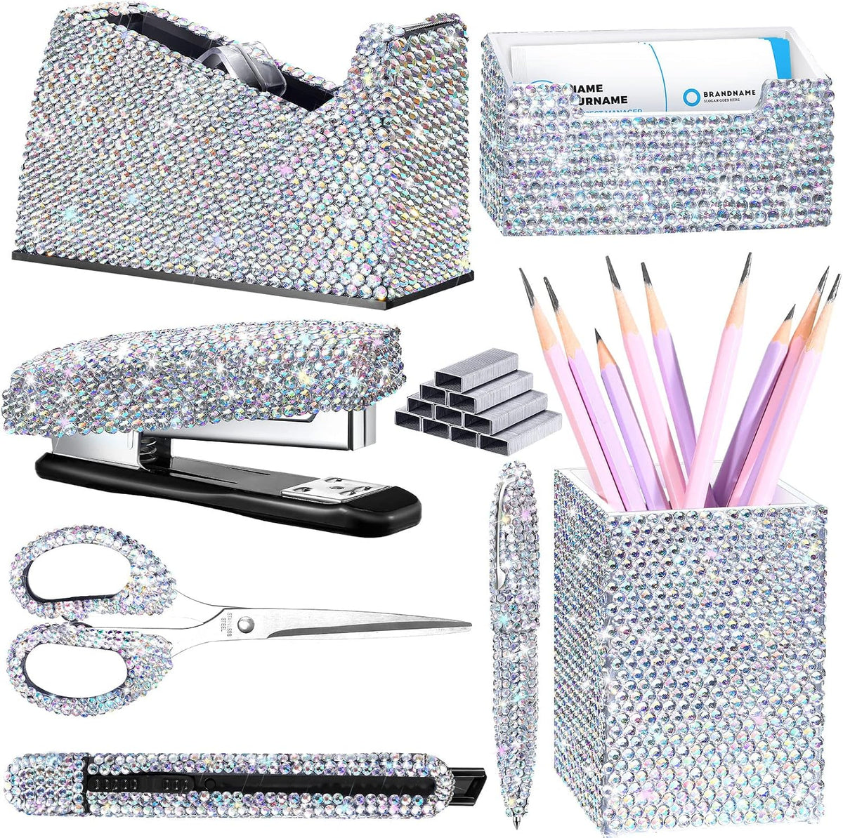 Demissle White 7 Pcs Bling Desk Accessories Set Office Kit for Women
