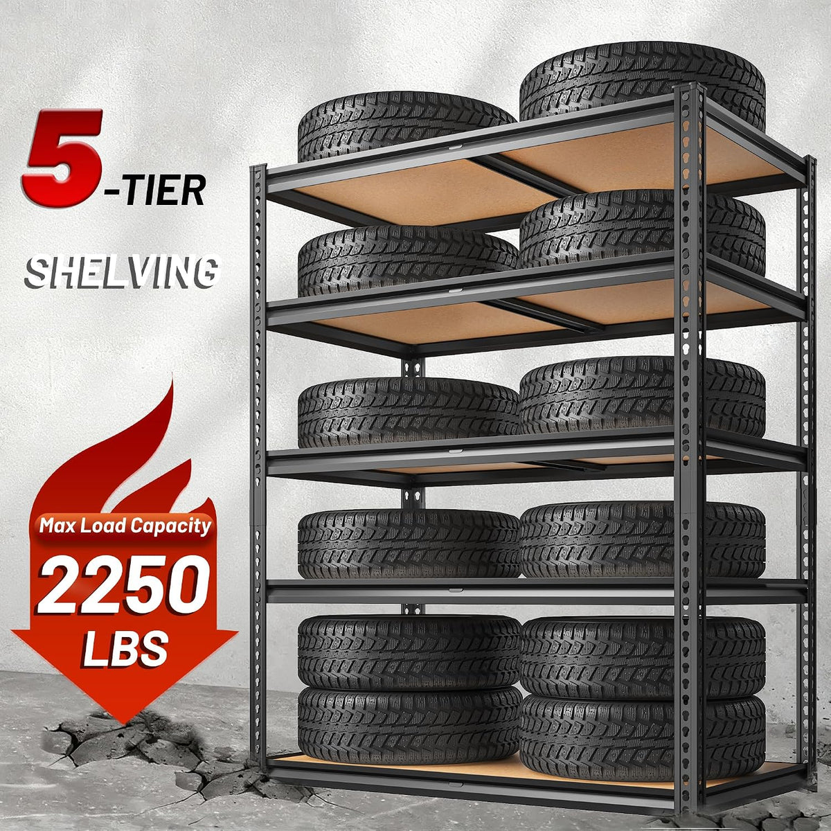 roomfave garage shelving heavy duty, 5 tier,72" h, side view