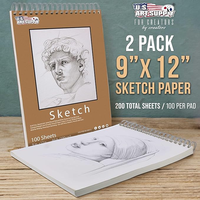U.S. Art Supply 9"x12" Top Spiral Bound Sketch Book, 2 Pack, 100 Sheets Each - Image 2