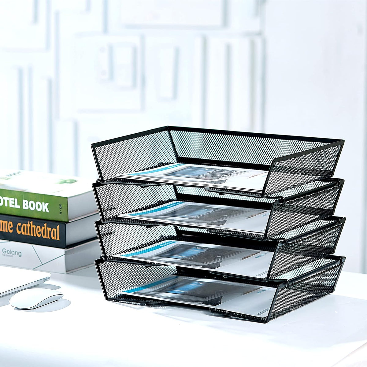 SETTFRFE 4 Tier Metal Letter Tray Desk Organizer-Stackable Paper Tray,Black