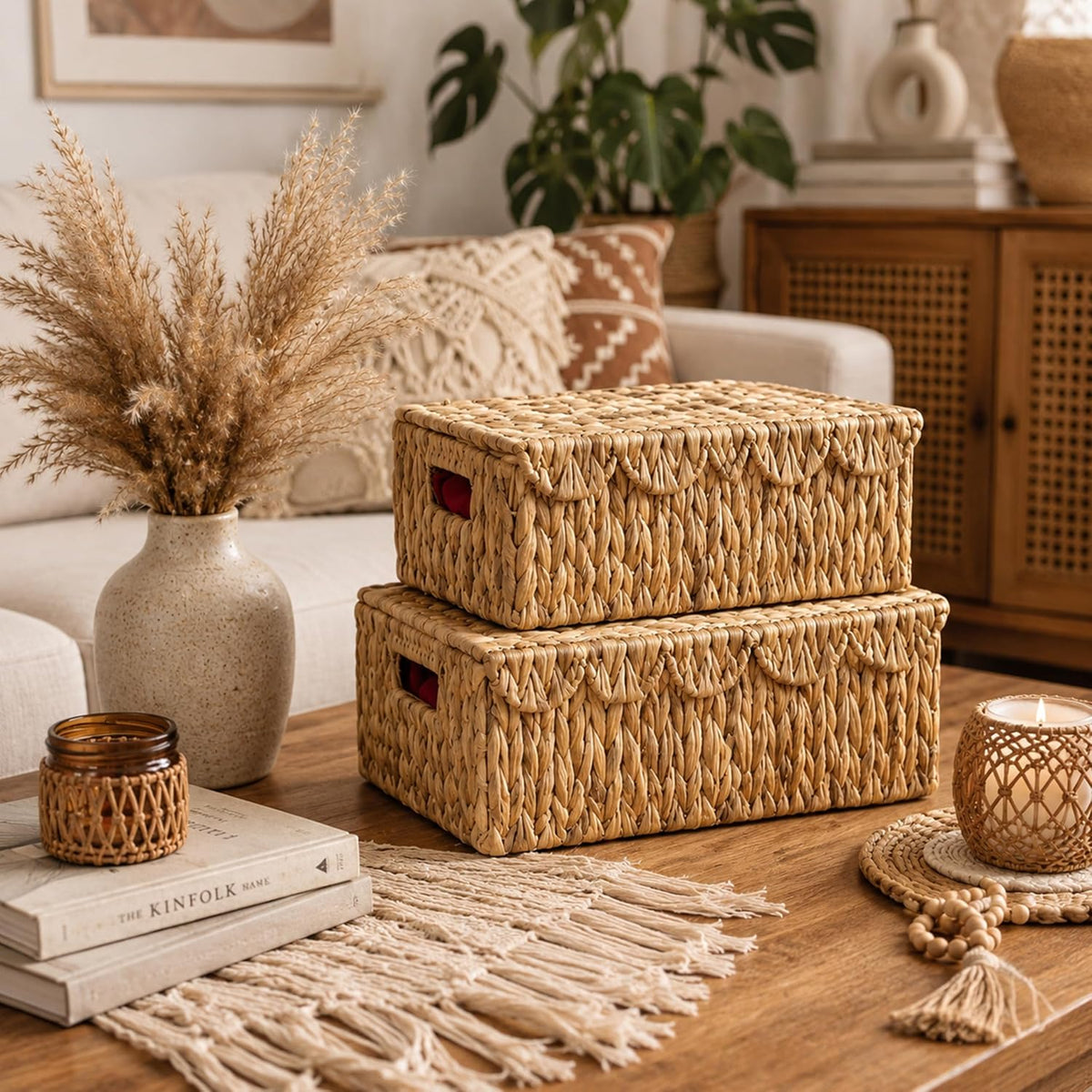Set of 2 Rectangle Scalloped Edge Wicker Storage Basket with Lid
