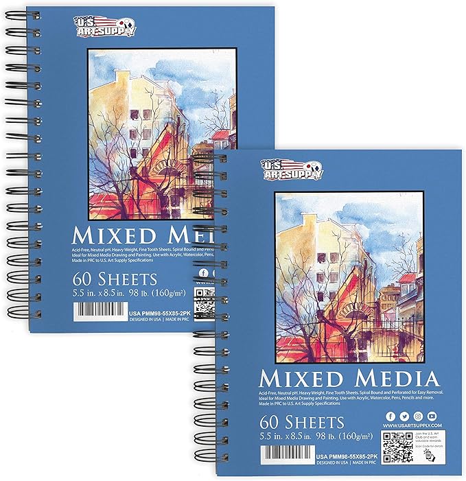 U.S. Art Supply 5.5"x8.5" Mixed Media Sketchbook, 2 Pack, 98 lb by USArtSupply