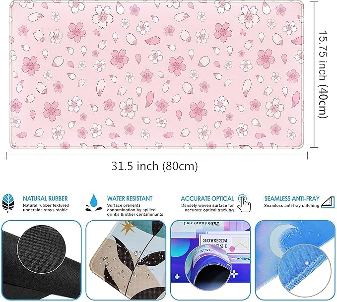 LuckyCow Pink Cherry Blossom Large Mouse Pad XXL 31.5''x15.7'', Pastel Anime - Image 3