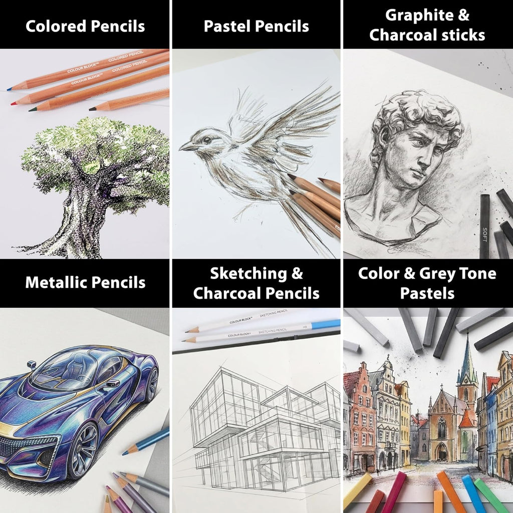 colour block 91-pc sketching & drawing set in showing dimensions