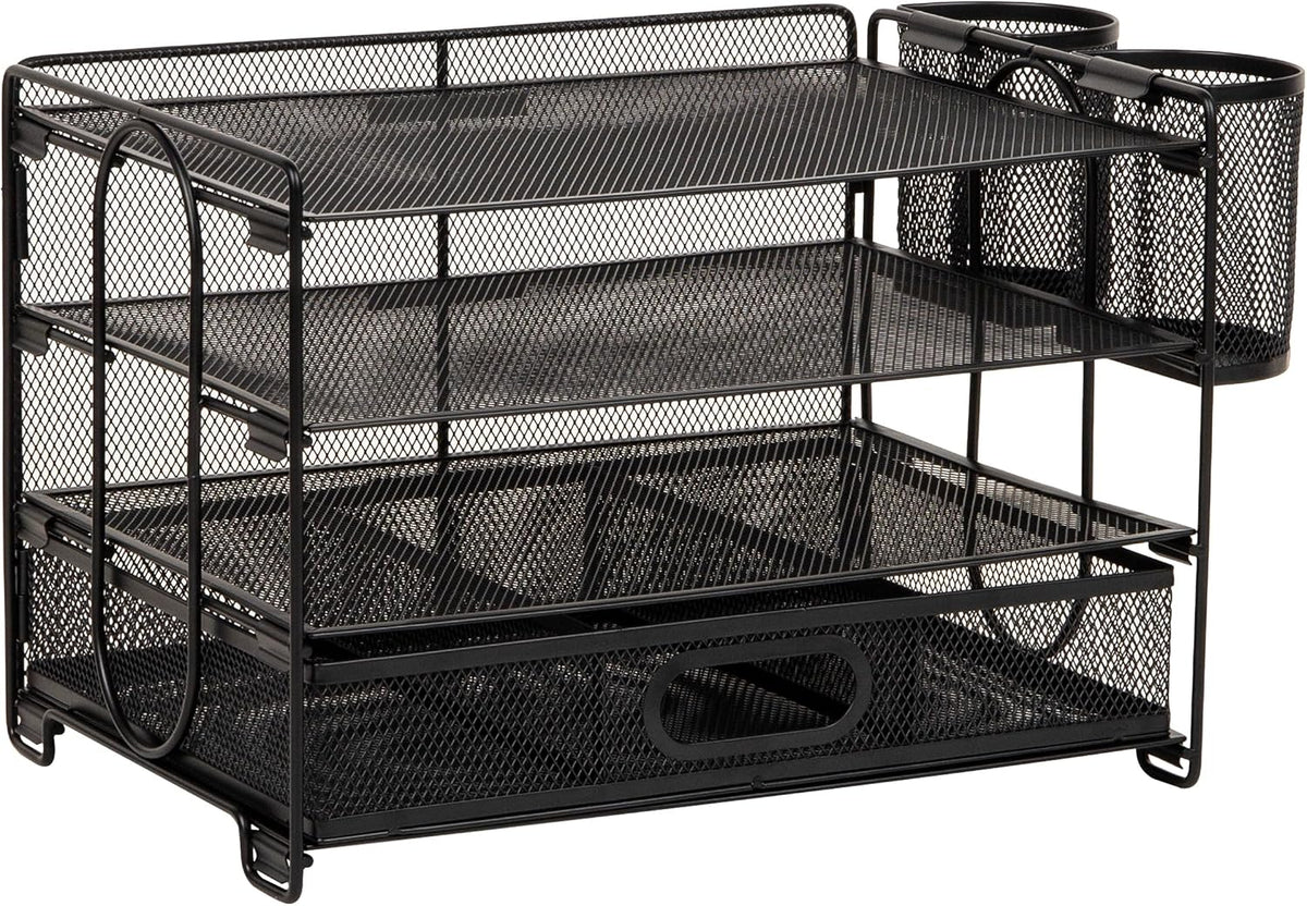 Mind Reader Mesh Desk Organizer, 3 Trays, 1 Drawer, 2 Pen Holders, Office Des...