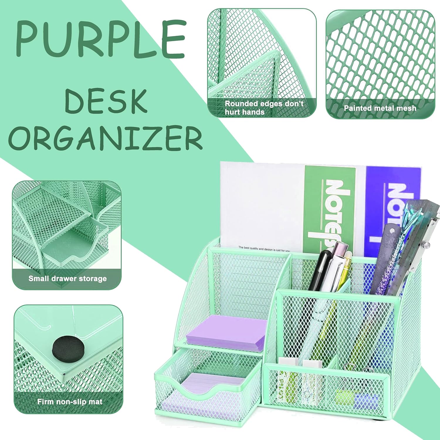 Green Office Desk Accessories Supplies, 12pcs Desk Organizers and Accessories with Tape dispenser and Stapler,Staples,Staple Remover,Pen Holder,Scissor,Ruler,Sticky Tabs,Tape,Ballpoint Pen,Clips Set