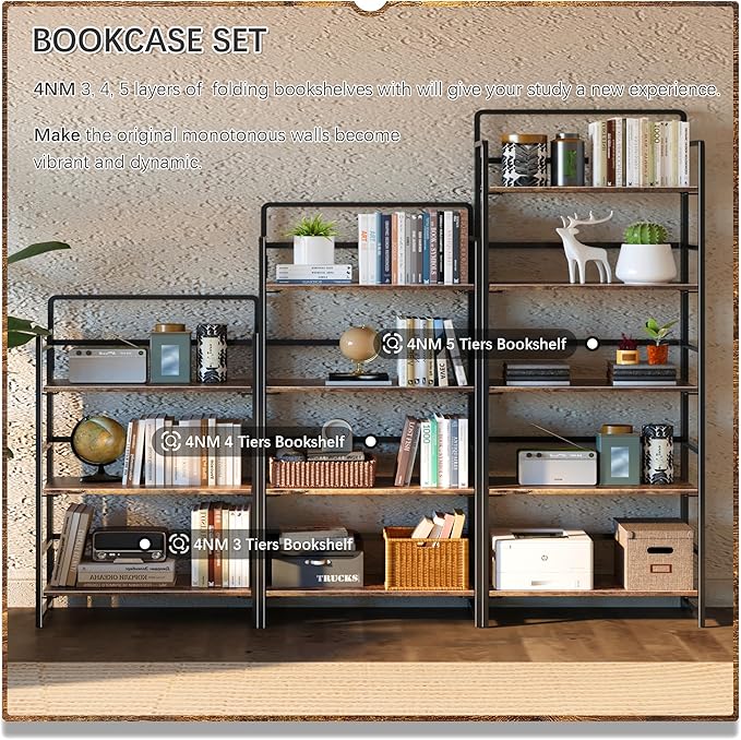 4NM No Assembly 5 Tiers Folding Bookshelf Storage Shelves Vintage Bookcase - Image 5