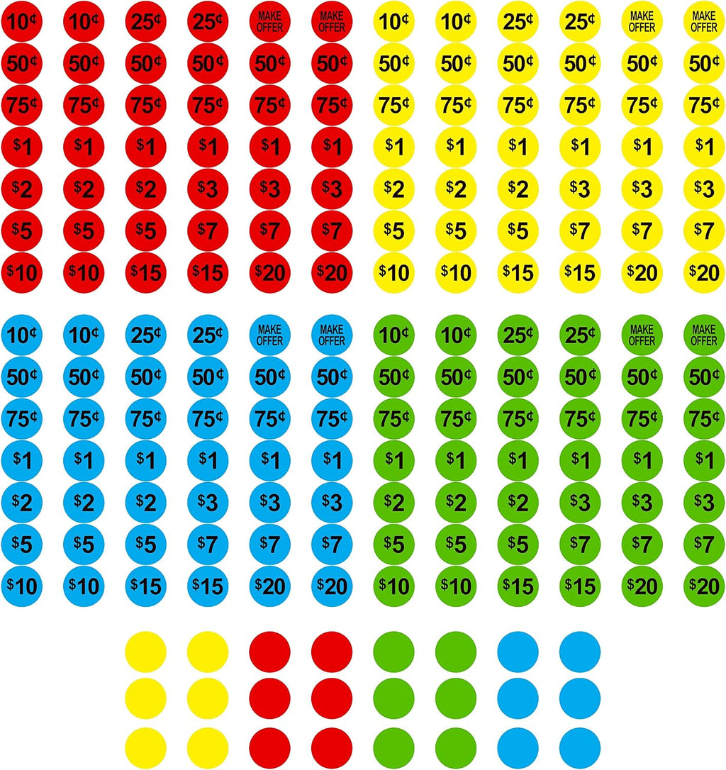 3840 PCs Garage Sale Flea Market Prepriced Pricing Stickers in Bright Colors (Yellow/Red/Green/Cyan), 3/4"in Diameter