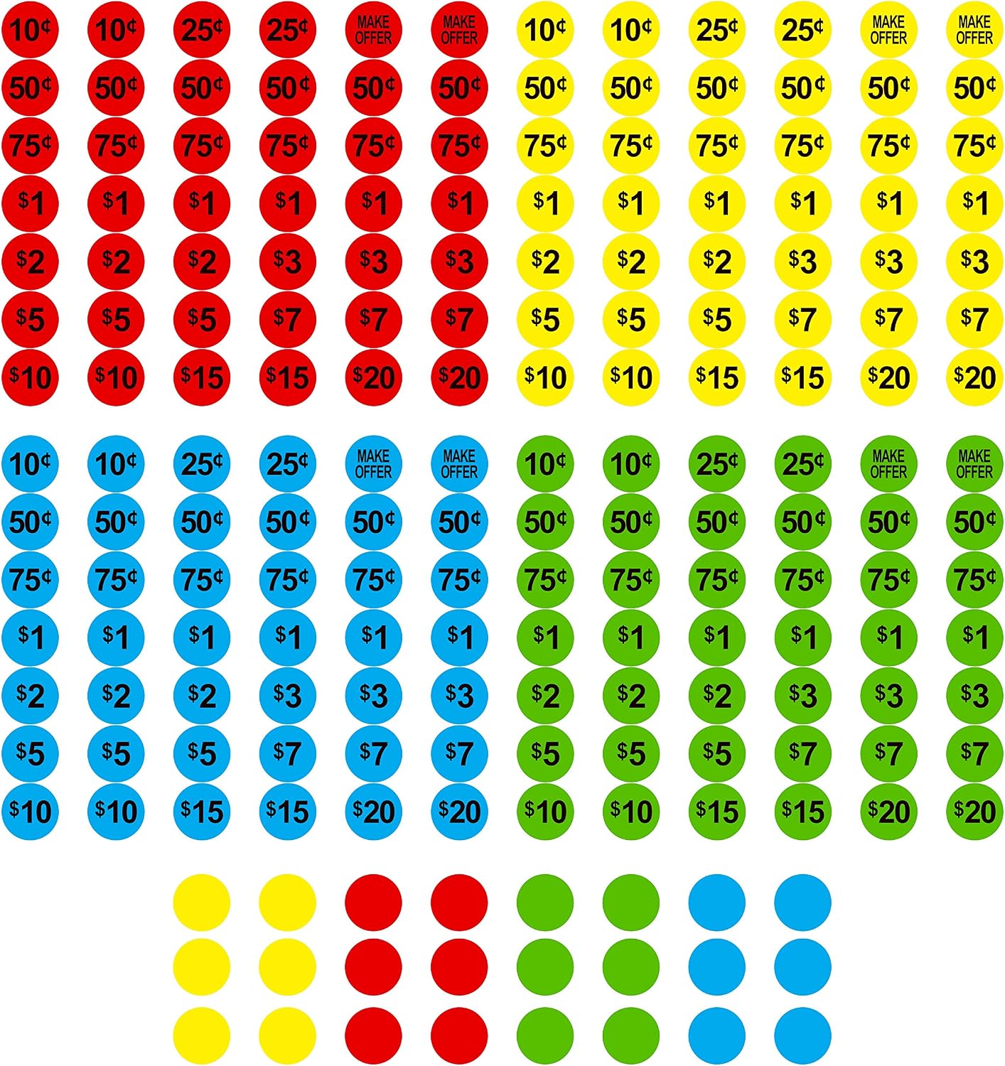 3840 PCs Garage Sale Flea Market Prepriced Pricing Stickers in Bright Colors (Yellow/Red/Green/Cyan), 3/4"in Diameter