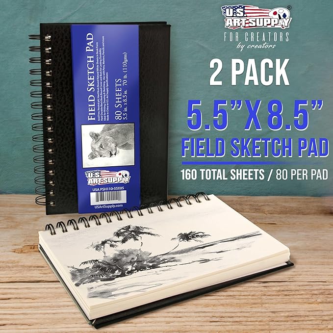 U.S. Art Supply 5.5" x 8.5" Premium Hardbound Sketch Book, 2 Pack, 80 Sheets - Image 2