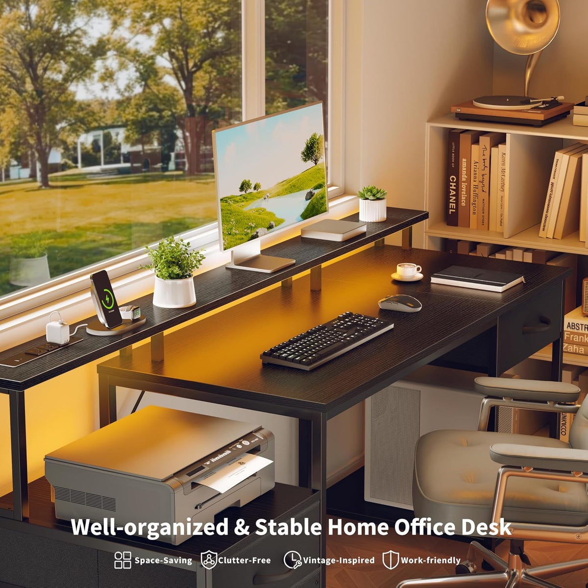 Korfile 55" Computer Desk with File Drawer, Printer Space, Dark Black